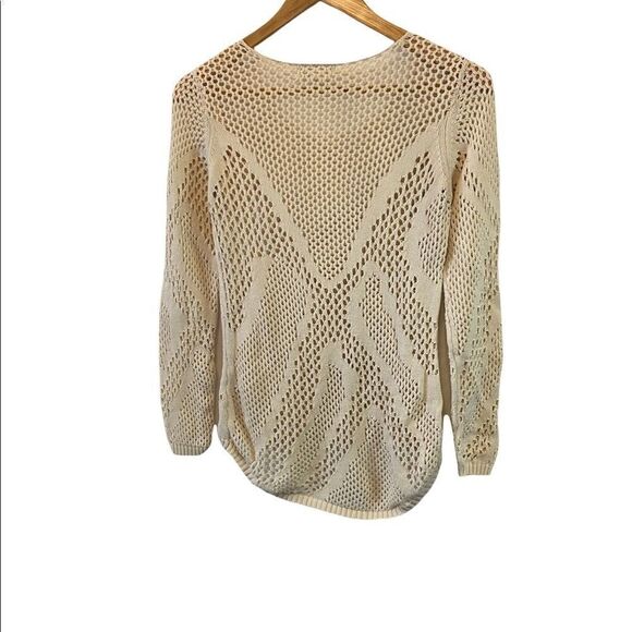 PINK ROSE Tan Crochet Scoop Neck Long Sleeve Fitted Sweater Junior Fit M - Picture 3 of 7